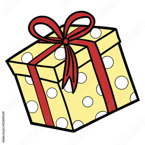 Yellow Polka Dot Gift Box with Red Ribbon A Delightful Vector Illustration for Festive Designs