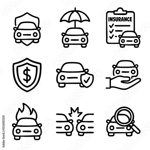 A set of doodle line icons representing car insurance, vehicle protection, accidents, claims, coverage, and financial safety