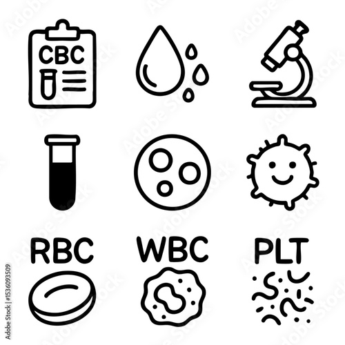 A set of doodle line icons showing complete blood count (CBC) concepts including RBC, WBC, platelets, lab samples, and microscope