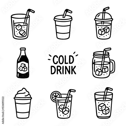 A set of doodle line icons representing cold drinks such as soda, juice, iced beverages, soft drinks, and summer refreshments