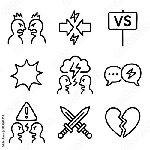 A set of doodle line icons illustrating conflict, arguments, disagreement, emotional tension, relationship breakup, and communication issues