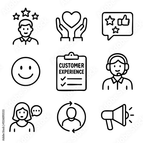 A set of doodle line icons focused on customer satisfaction, support service, feedback, loyalty, and positive user experience elements