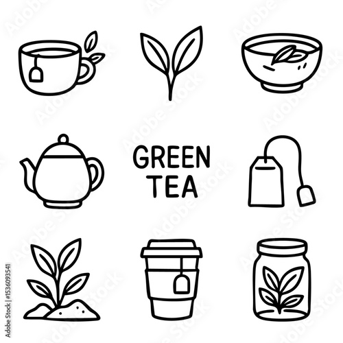 A set of doodle line icons showing green tea, herbal leaves, tea bags, teapots, cups, natural ingredients, and organic beverage elements