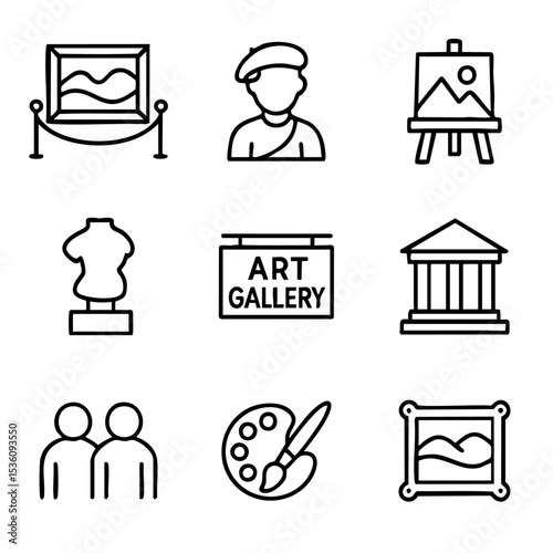 A set of doodle line icons showing various art gallery concepts including paintings, artist, museum, visitors, sculptures, and creativity