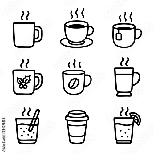 A set of doodle line icons illustrating hot beverages including coffee, tea, cocoa, mugs, takeaway cups, festive drinks, and warm refreshment
