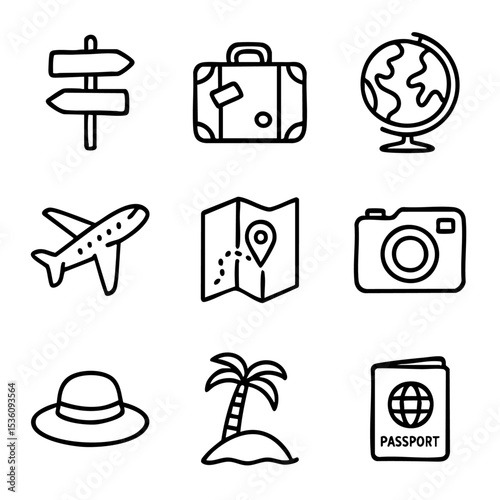 A set of doodle line icons featuring travel essentials including luggage, airplane, passport, map, beach, globe, and sightseeing tools