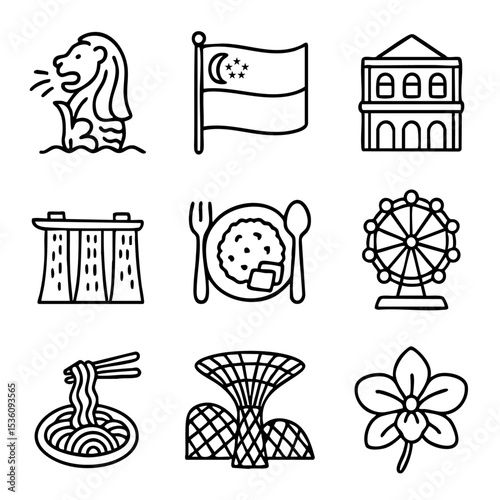 A set of doodle line icons representing Singapore landmarks, national flag, local food, Merlion, architecture, and tourism attractions