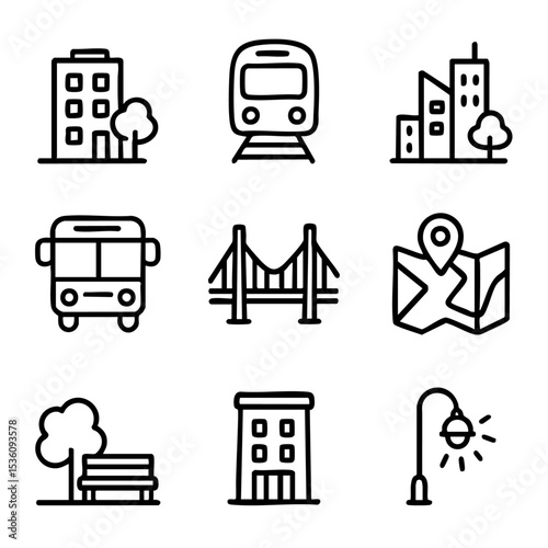 A set of doodle line icons depicting urban life including buildings, public transport, parks, map navigation, streetlights, and city infrastructure