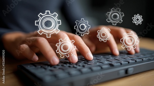 Hands on keyboard with gear icons and process automation UI --ar 16:9 --v 7 Job ID: 2002debe-6d7b-4ea4-b071-7fdf02c286aa