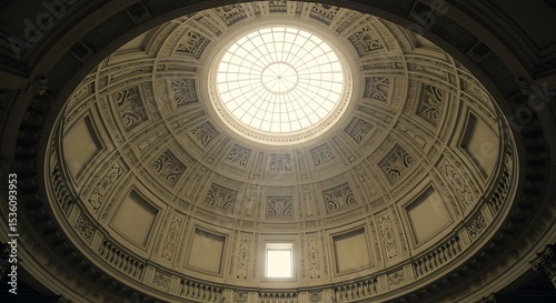 The view from inside the room to the dome with caissons, which completes the round window through which the daylight enters photo