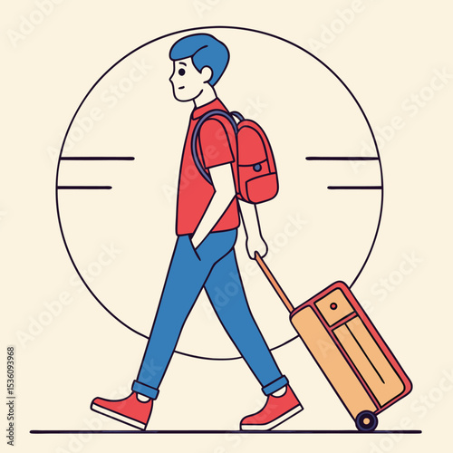 Young Man Traveling Vector Illustration of a Person with Luggage