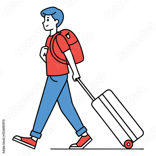 Young Man Traveling with Backpack and Suitcase Vector Illustration