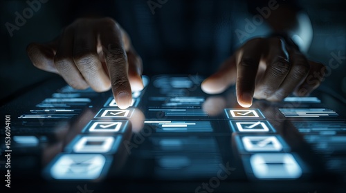 hands working on futuristic data chart with checkboxes --ar 16:9 --v 7 Job ID: 06a4889d-f12d-4696-8f66-f6e8d0883fb8