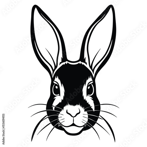 A monochrome rabbit face with large ears stares forward, a detailed black image