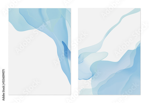 Minimalist abstract background, flowing forms with a translucent watercolor effect in shades of blue on a light gray background