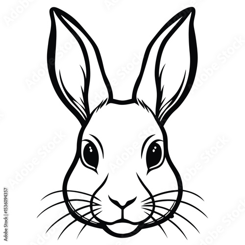 Detailed line art shows a frontfacing rabbit head with long ears and whiskers