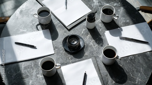 high-angle shot of meeting table with notepads and coffee mugs --ar 16:9 --v 7 Job ID: aa58217c-d6c2-444a-a60f-45c690794309