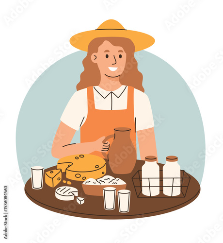 Farmer selling food at local market. Agricultural trader selling dairy products. Farm organic products. Flat vector illustration.