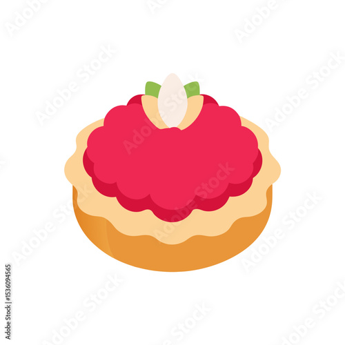 raspberry tart with cream on white background