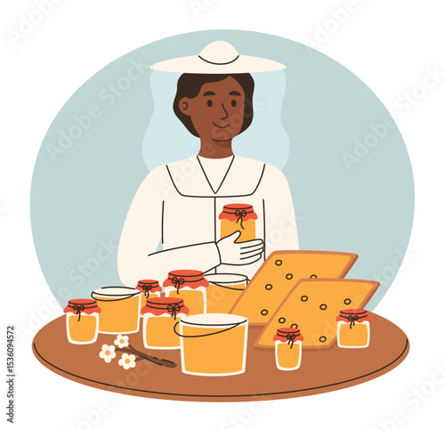 Farmer selling food at local market. Agricultural trader selling honey. Farm natural products. Flat vector illustration.