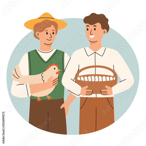 Farmers selling food at local market. Agricultural traders selling chicken eggs. Farm organic products. Flat vector illustration.