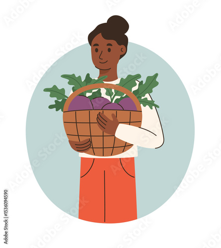 Farmer woman holding basket with beets. Organic farm products. Flat vector illustration.