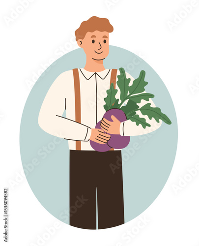 Farmer holding basket with beets. Organic farm products. Flat vector illustration.