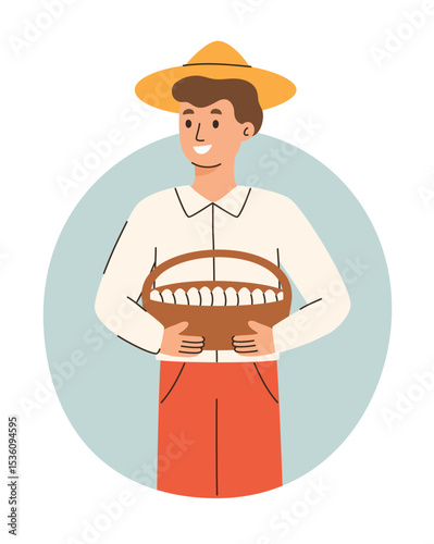 Farmer holding basket with eggs. Organic farm products. Flat vector illustration.