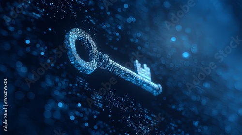 Key security element floating in digital blue background --ar 16:9 --v 7 Job ID: 6add3918-1bb5-4558-9bd4-70a62c7f25fa