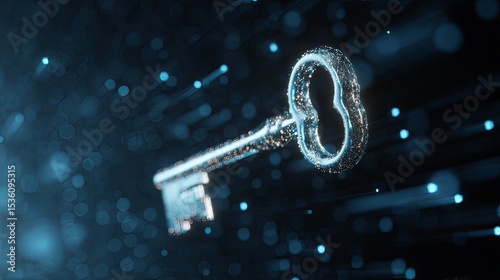Key security element floating in digital blue background --ar 16:9 --v 7 Job ID: 6add3918-1bb5-4558-9bd4-70a62c7f25fa