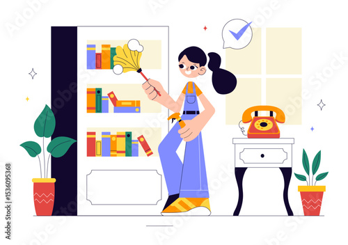 Home Cleaning Service Vector Illustration Featuring House Cleaning Workers Sweeping, Mopping, Wiping Glass, and More in a Flat Style Background