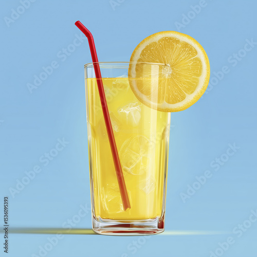 Glass of fresh yellow lemonade with red straw makes you feel refreshed and cool. It is perfect for summer enjoyment and pure relaxation