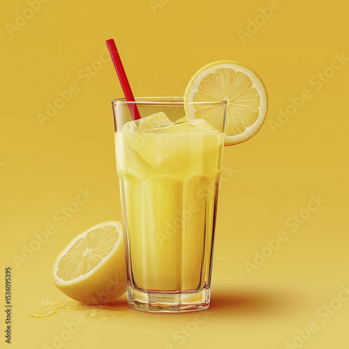 Glass of fresh lemonade is joyfully showcased with its vibrant yellow hue and inviting red straw, creating thirst quenching image of summer refreshment