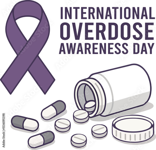 International Overdose Awareness Day, Design with Purple Ribbon, and Pills