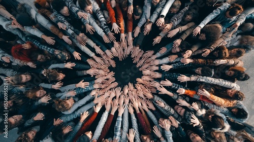 large team circle with hands in the middle, top-down unity shot --ar 16:9 --v 7 Job ID: 305c030b-e711-4236-bcf8-24a0470bb4c2