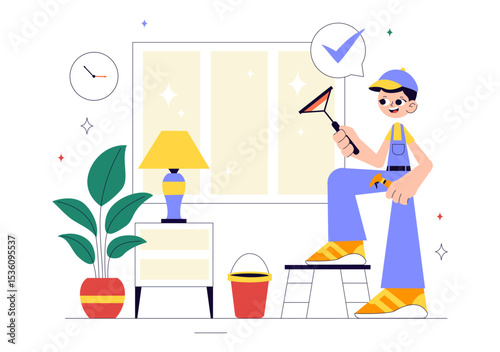 Home Cleaning Service Vector Illustration Featuring House Cleaning Workers Sweeping, Mopping, Wiping Glass, and More in a Flat Style Background