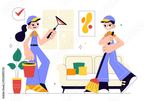 Home Cleaning Service Vector Illustration Featuring House Cleaning Workers Sweeping, Mopping, Wiping Glass, and More in a Flat Style Background