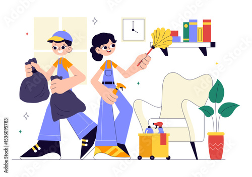 Home Cleaning Service Vector Illustration Featuring House Cleaning Workers Sweeping, Mopping, Wiping Glass, and More in a Flat Style Background