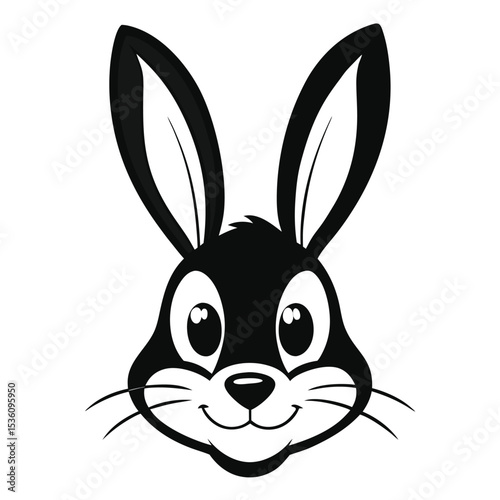 Cute black and white rabbit face showing its big eyes and smiling happily