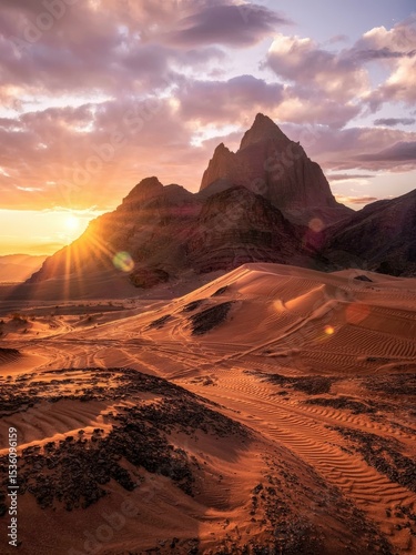 Golden rippled sand dunes meet a majestic mountain under a breathtaking sunset sky with vibrant warm colors.