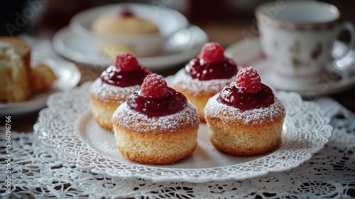 Elegant Display of Raspberry Jam Topped Pastries on Lace Doily Plate with Warm Lighting in a Cozy Setting