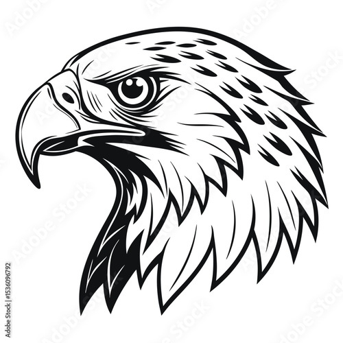 Bold eagle head profile displays sharp lines and a fierce gaze in monochromatic simplicity