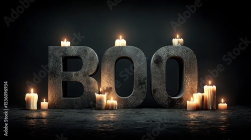 Spooky 3D BOO Text with Floating Candles Dark Halloween Image