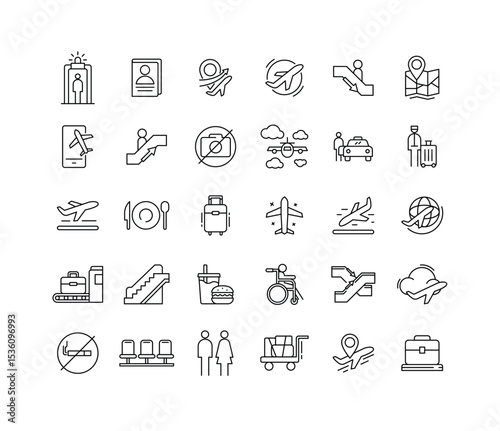 Thin Line Airport Icon Collection Featuring Travel Airplane Luggage Terminal Navigation Boarding Security and Passenger Symbol Elements