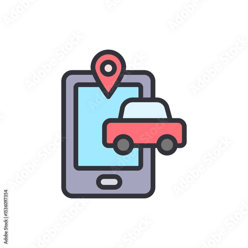 Stylized Car Location Icon On Mobile Device With Map Pointer