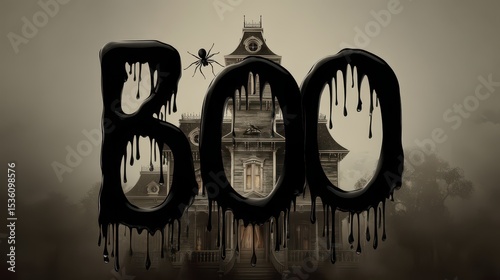 Eerie Halloween BOO Letters with Spider and Haunted House