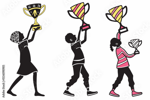 set of Stick Figure Holding a Trophy silhouette vector illustration