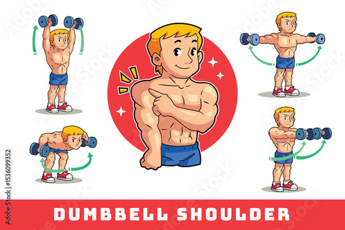Muscled Male  Exercising Shoulders With Dumbbells