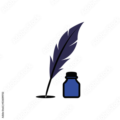 feather quill and ink bottle on white background 