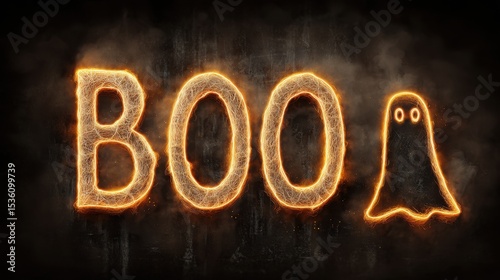 Glowing Halloween Boo Text with Spooky Ghost Silhouette